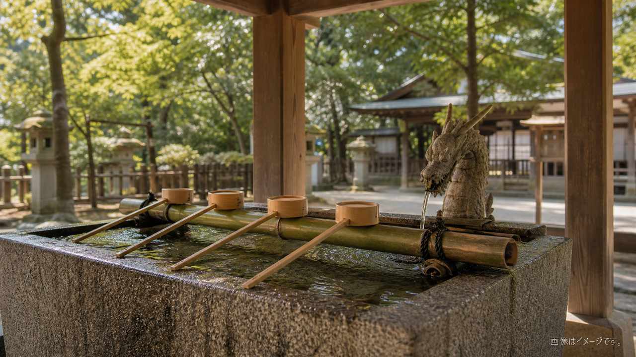 神社参拝の作法を連想させる手水舎と清らかな水