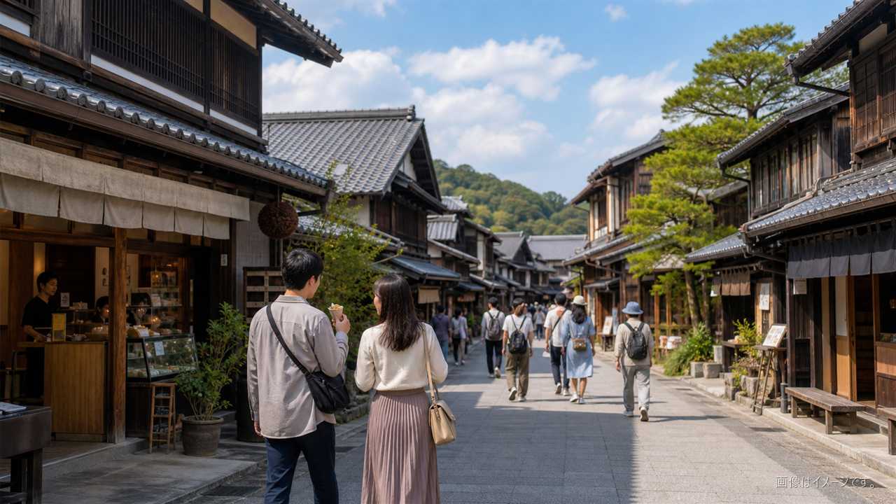 内宮参拝後におはらい町やおかげ横丁を散策する旅行者のイメージ