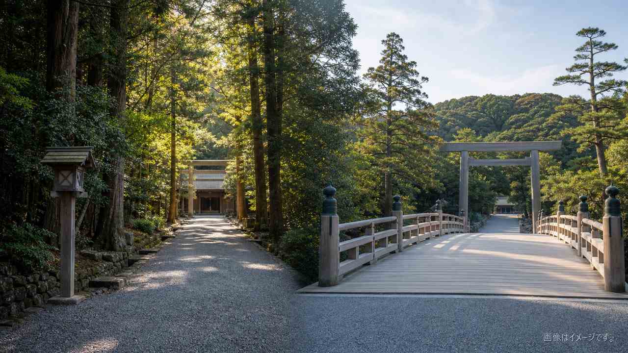 左側に森に包まれた椿大神社の静かな参道、右側に伊勢神宮内宮の宇治橋を連想させる清らかな参道風景を配置