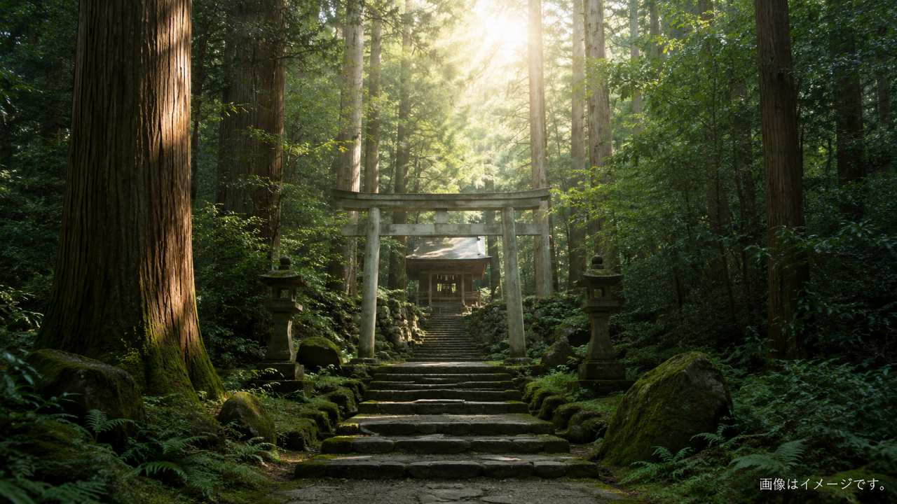 三重県伊勢志摩の静かな森の参道をイメージした写真風画像