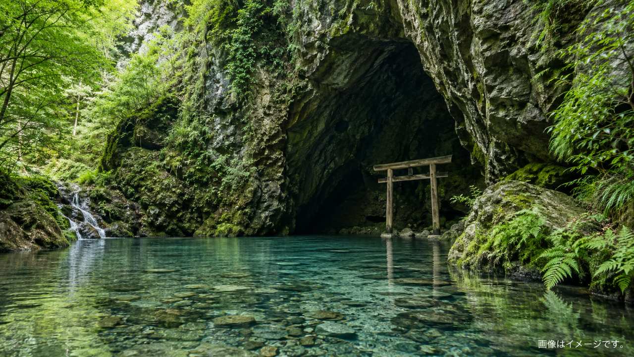 三重県の洞窟と湧水をイメージした写真風画像