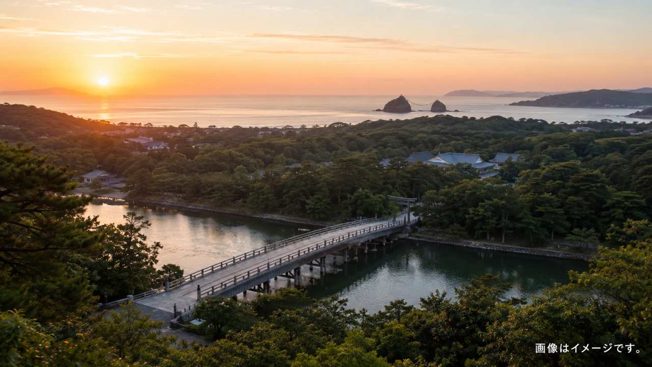 伊勢神宮周辺の朝旅イメージ、宇治橋、夫婦岩、朝熊山頂展望台