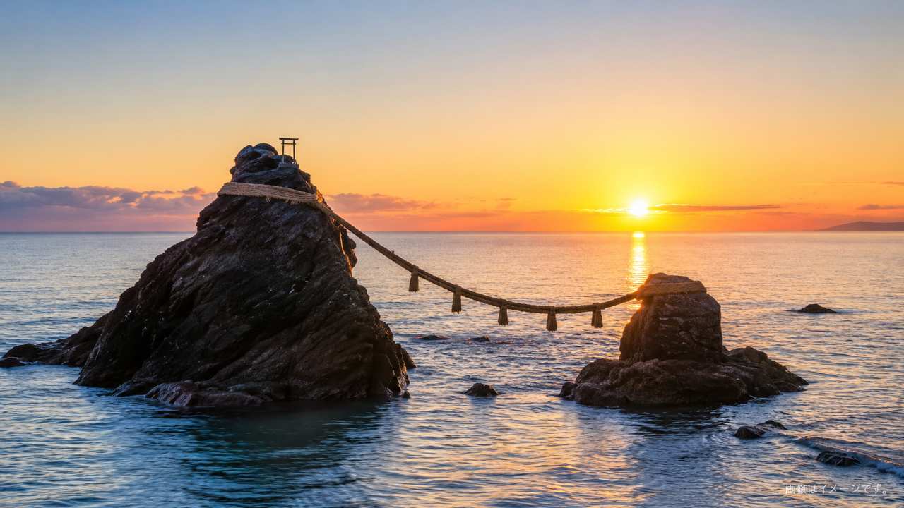 早朝の海に浮かぶ二つの岩と注連縄、水平線から昇る朝日を描いた写真風画像。夫婦岩をイメージした清らかで静かな雰囲気