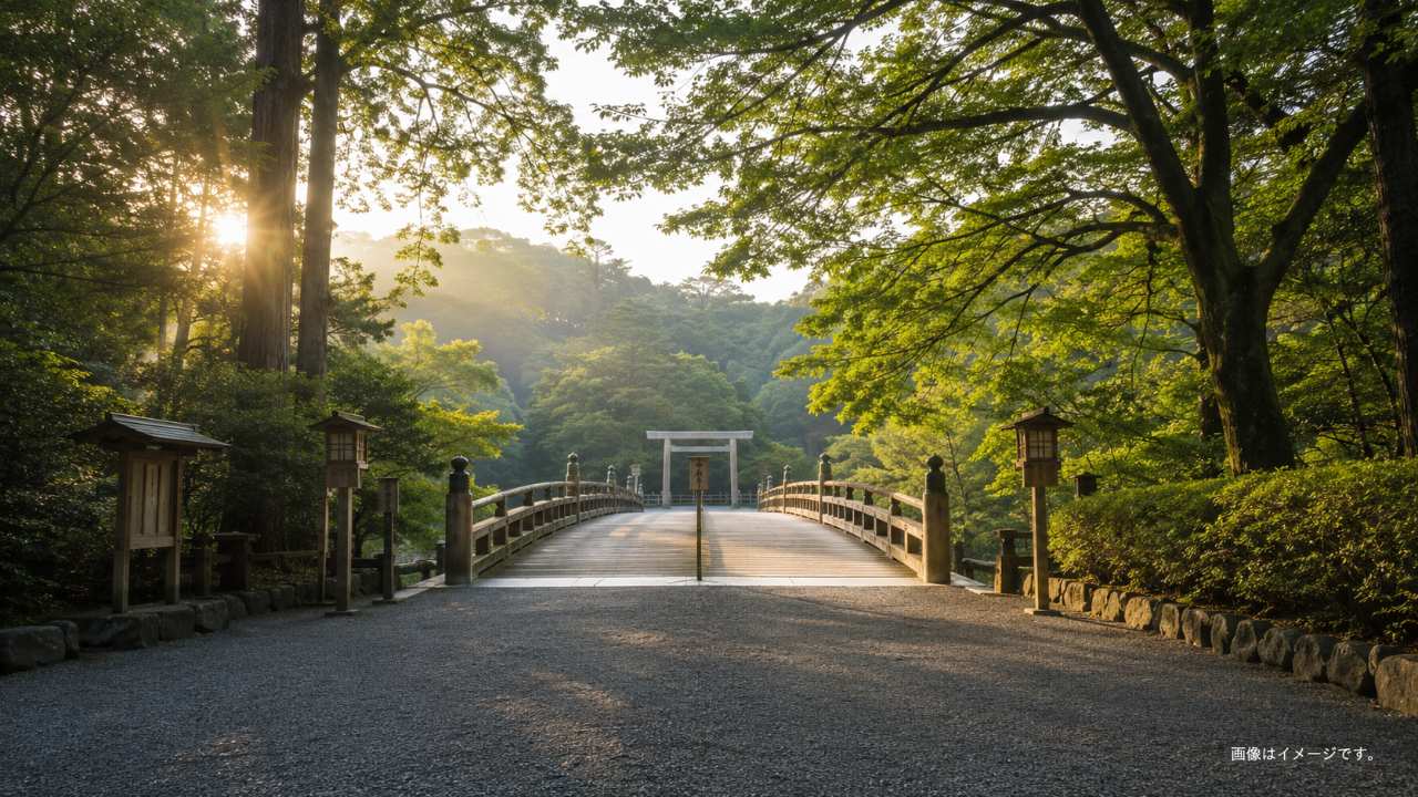 伊勢神宮の宇治橋と神域の森を背景