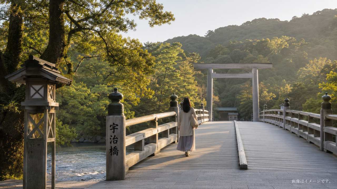 伊勢神宮の宇治橋と朝のやわらかな光、清らかな五十鈴川、恋愛運や良縁を願う女性が静かに参拝へ向かう後ろ姿