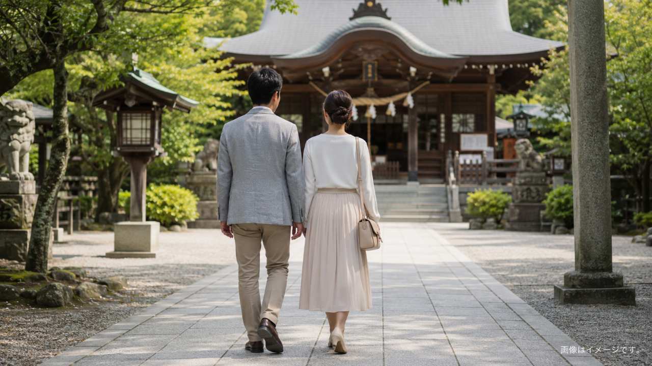 厄払いにふさわしい落ち着いた服装の男女、神社参拝に向かう後ろ姿