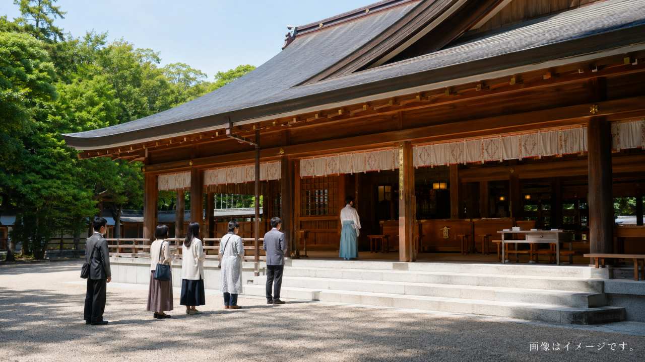 伊勢神宮の神楽殿をイメージした和風建築、厄払いのご祈祷を待つ落ち着いた参拝者